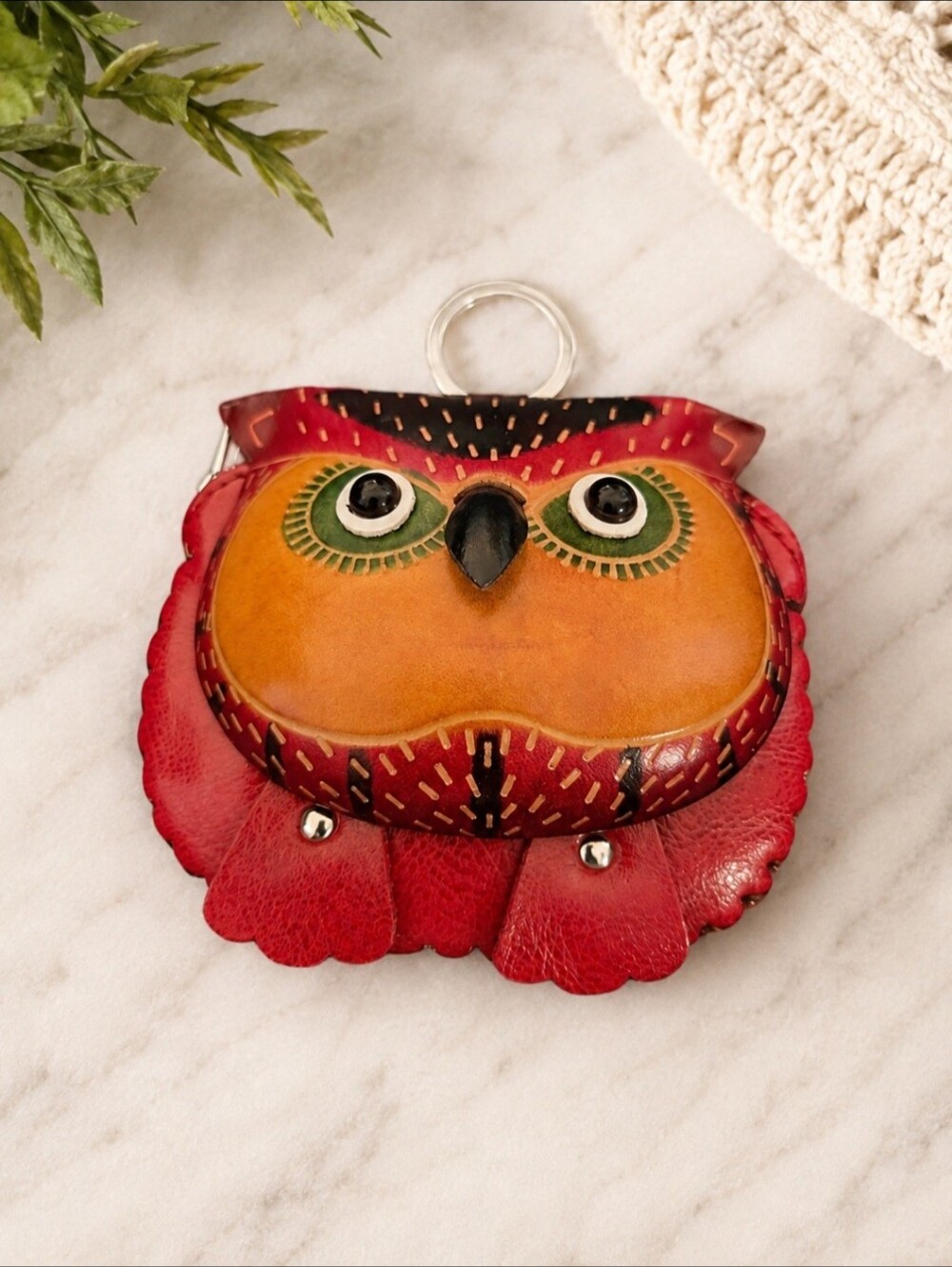 Handmade ~ Leather Owl Coin Purse Keychain Wallet Las Vegas Souvenir